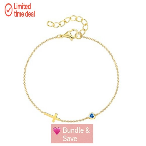 14K Gold Plated Cross Birthstone Bracelet, Adjustable, Religious Gift - Picture 2 of 8